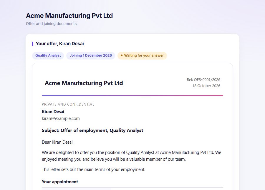 An offer letter shown to a candidate with the position, compensation and terms